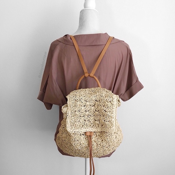 tan straw woven drawstring beach backpack - Picture 8 of 8